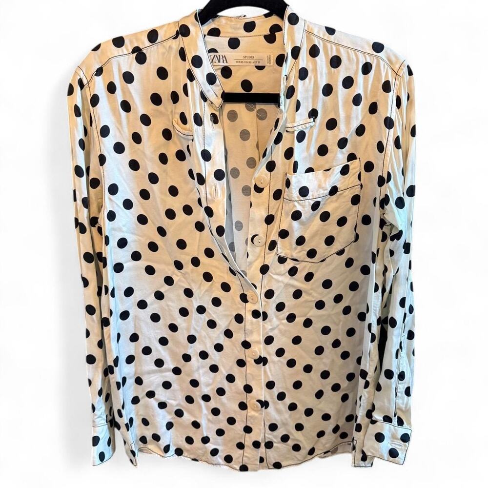 Zara white and black polkadot blouse